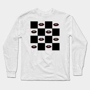 Black and White Checkerboard Lips Pattern Long Sleeve T-Shirt